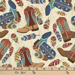 Western Boots Feathers Precut Sewing Fabric 1 Yd X 44 In Cotton Craft Clothing
